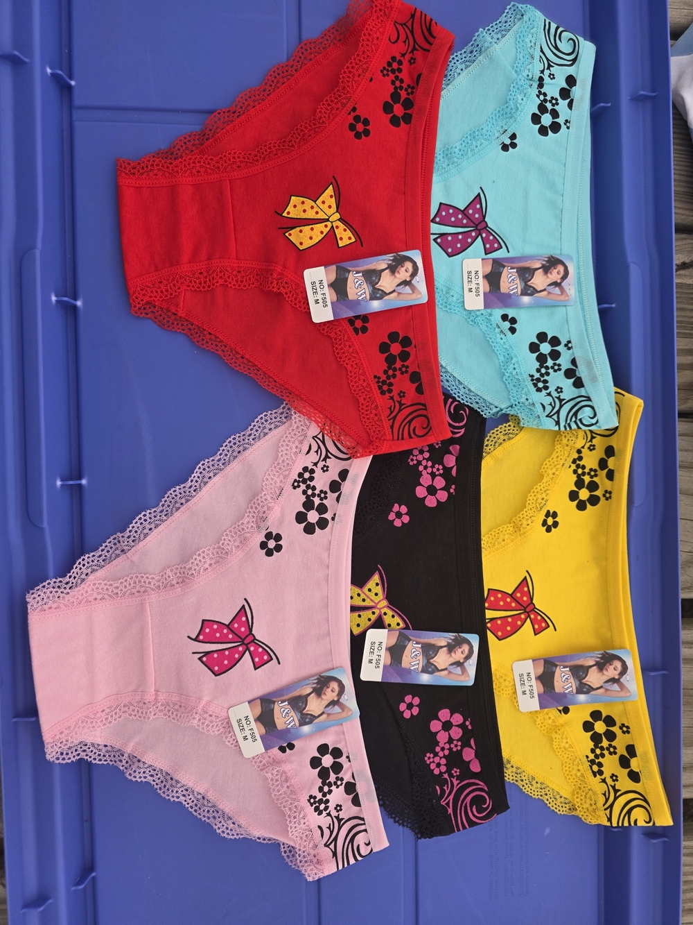 Women'S Lace-Trim Cotton Briefs - Red, Aqua, Pink, Black, Yellow